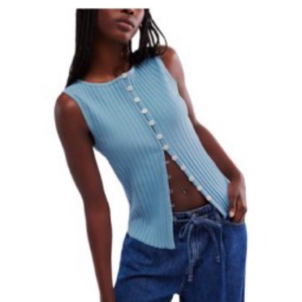 Free People Tilly Vest Ribbed Button-Front Ocean View Size M